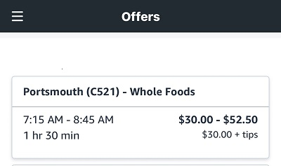 Example of Amazon Flex Whole Food Delivery Block