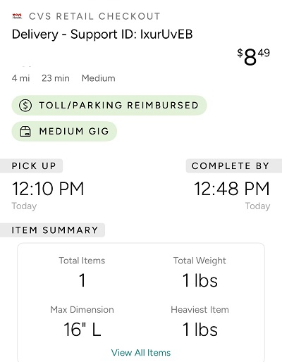 Example of Roadie CVS Retail Checkout Delivery