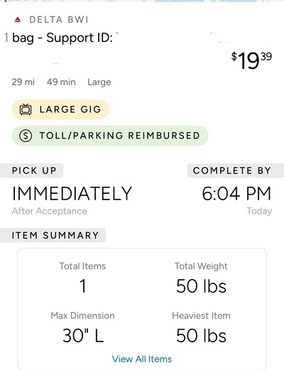 Example of Roadie Delta Airlines Delivery