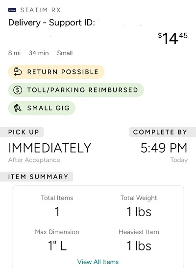 Example of Roadie Statim RX Delivery
