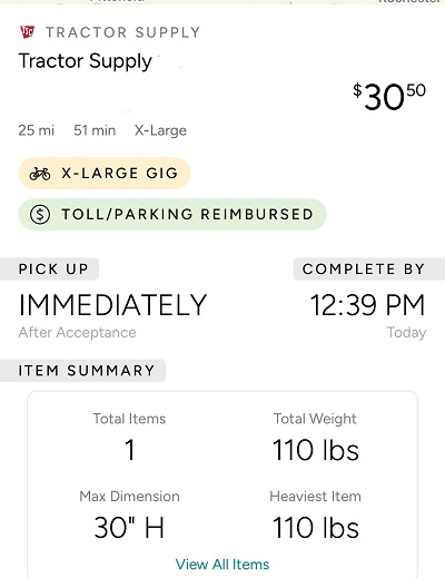 Example of Roadie Tractor Supply Delivery