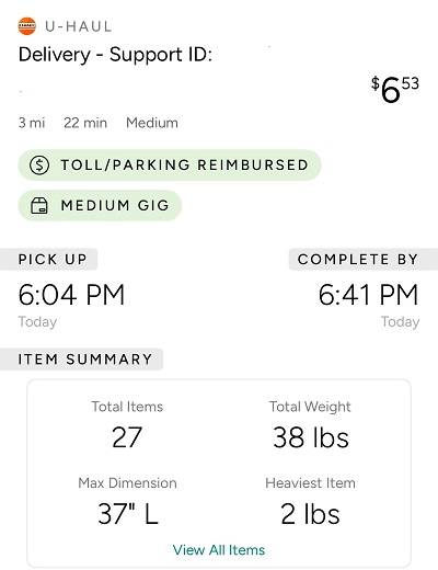 Example of Roadie U-Haul Delivery