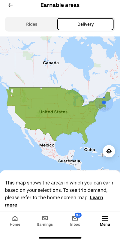 Uber App Earnable Areas
